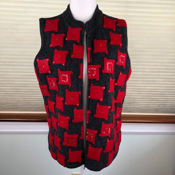 Susan Bristol 2001 Hand Embroidered Sequins Red & Gray Lambswool Front Zip Vest - Picture 12 of 15